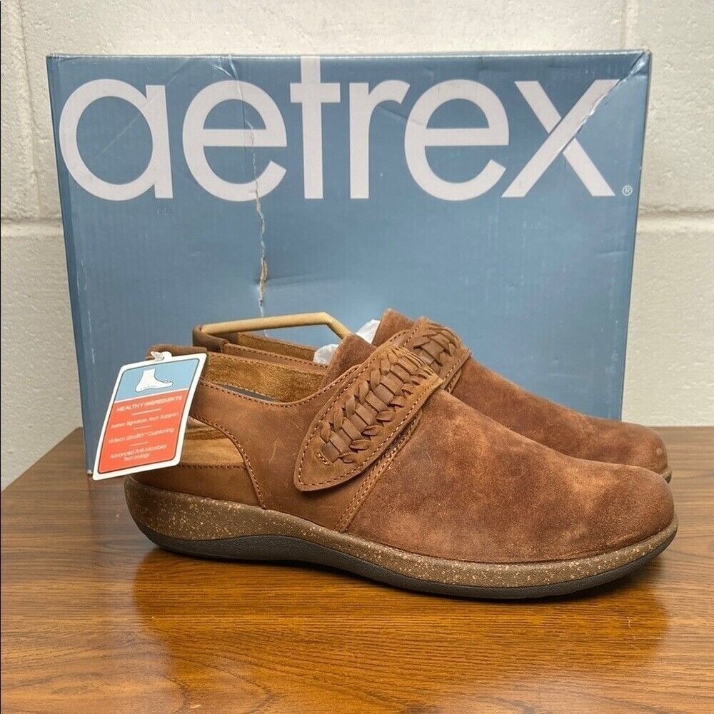 NIB Aetrex Women's Leni Leather Tobacco‎ Brown Slingback Clog Shoes DM332 EU40